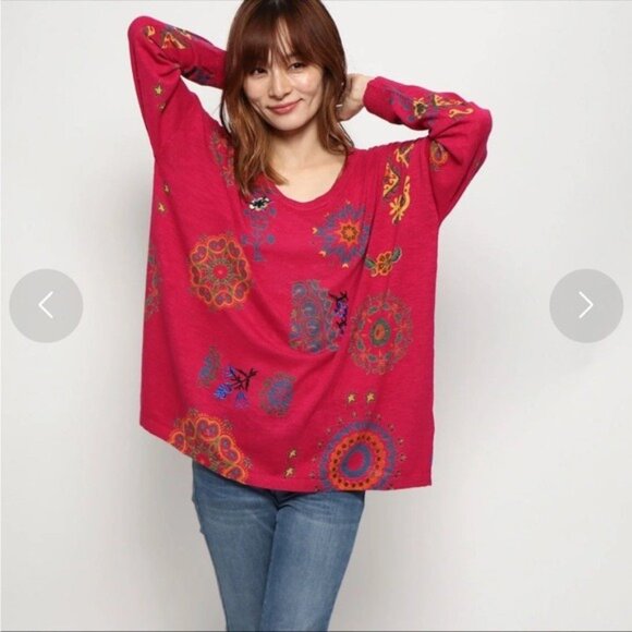 Desigual Embroidered Boho Art Deco Oversized Sweater Pink Red Size Large - Picture 1 of 16